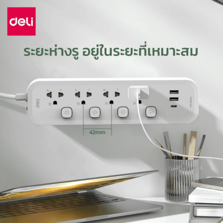 รางปลั๊กไฟ 3ช่อง 2USB 1TYPEC DELI CT492-GR-01 ความยาวสาย 3 เมตร_9